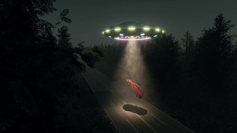 Fantasy flying saucer ufo car at road night 4k