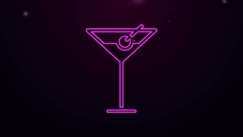 Glowing neon line Martini glass icon isolated on purple background. Cocktail icon. Wine glass icon. 4K Video motion graphic animation