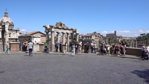 Rome, Via Monte Tarpeo, view of the Roman forum, the ruins of ancient Rome, people walk, look at the forum. Rome Italy may 2019 