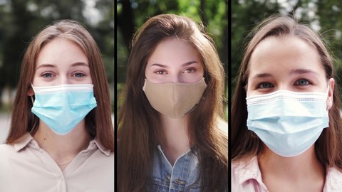 Group of people wearing protective medical masks during pandemic of covid-19. Collage of girls student in safety face masks.