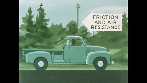 1940s: Animated truck drives on road. Left arrow sign appears "Friction and air resistance". Right arrow appears "Driving Force". Dial Speedometer at 30 mph. Foot steps on gas. Truck speeds on road.