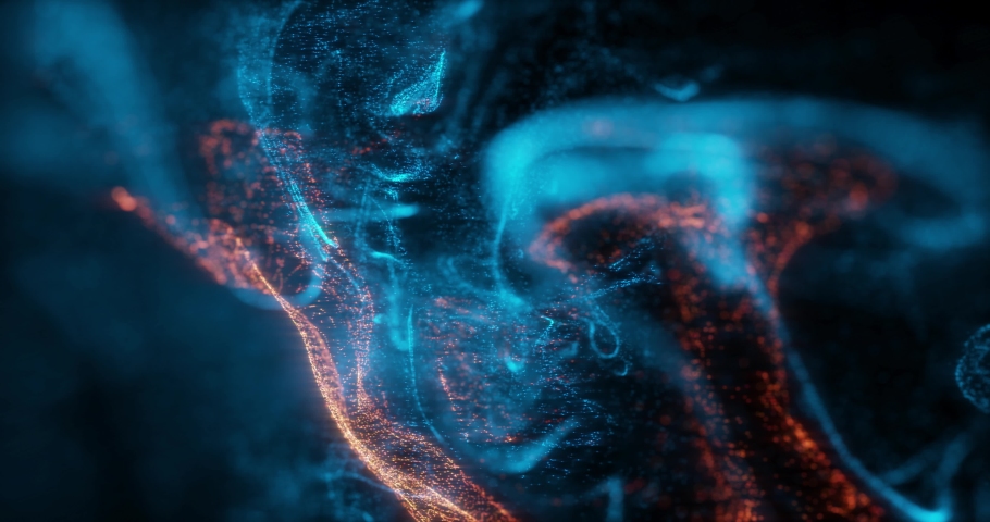 Blue and orange particle stream. Digital data flow. Creative abstract background. Dynamic pattern with fluid simulation and light. 3D render Royalty-Free Stock Footage #1059330881
