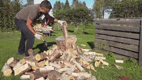  Mature Man failed when tried to chop long birch log with large metal axe with yellow wooden handle, log flew away. He does not succeed from first time. Backyard, warm sunny day, slow motion video