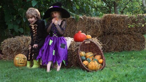Halloween kids. Boy and girl wearing halloween costume with pumpkin. Funny children eat sweet tricks. Kids trick or treat near carving pumpkins