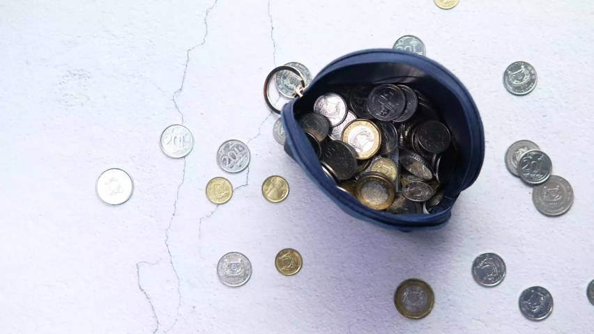 top view of coins in a small leather bag 