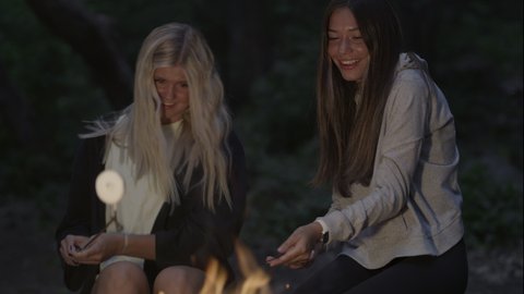 Teenage girls blowing out burning marshmallow over campfire at night / Tibble Fork, Utah, United States