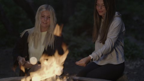 Teenage girls roasting marshmallows over campfire at night / Tibble Fork, Utah, United States