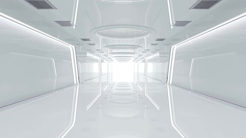 Spaceship or science lab Animation seamless loop. Sci-Fi corridor white color , 3D render.