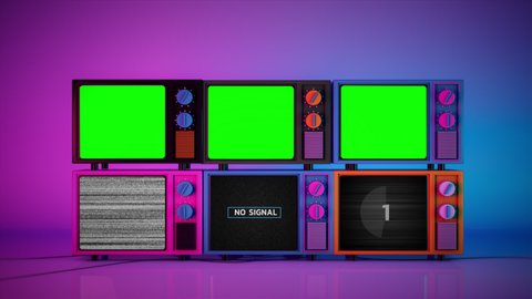 Pile of colorful 3d televisions with no signal and blank green screen monitor, move in and out shot, Abstract realistic mock up of cartoon vintage TV monitors.