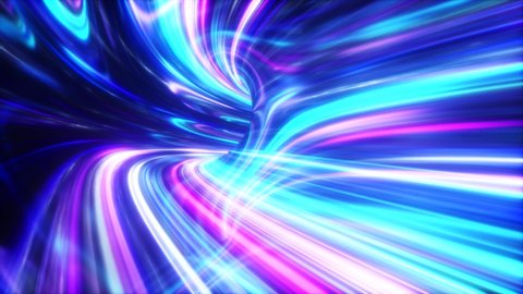The speed of digital lights, neon beams moving through the tunnels of digital technology. Space time concept. Seamless loop 3d render
