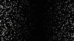 Animation of haphazard tiny white dots on dark black background moving in space randomly. Computerized motion graphics. VJ loops. Disco theme.