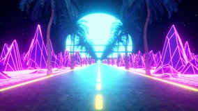 80s retro futuristic sci-fi seamless loop. Retrowave VJ videogame landscape, neon lights and low poly terrain grid. Stylized vintage vaporwave 3D animation background with mountains, sun and stars. 4K - Powered by Shutterstock - Get 15% off with code: PIKWIZARD15