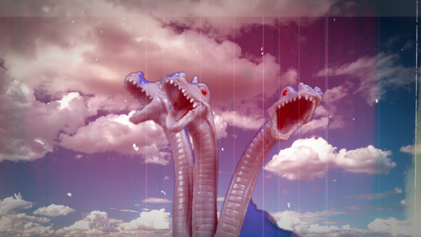 Film of monster with three heads against sky, scary, beast, creature, frightening, kitsch 