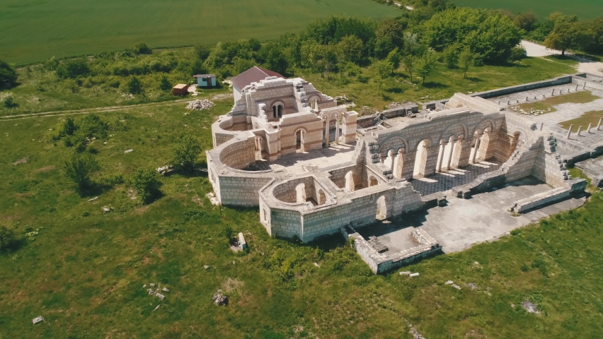 Drone view over Pliska, Bulgaria and the Ruins of The Great Basilica - largest Christian cathedral in medieval Europe near The capital city of the First Bulgarian Empire