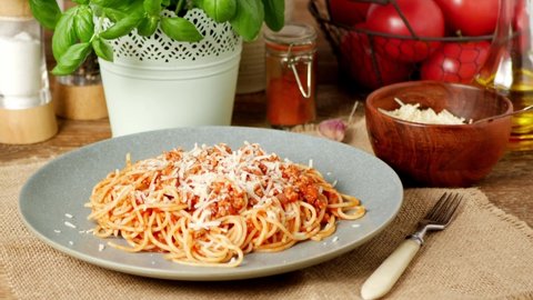 Spaghetti Bolognese Decorating Dish Basil Stock Footage Video (100% ...