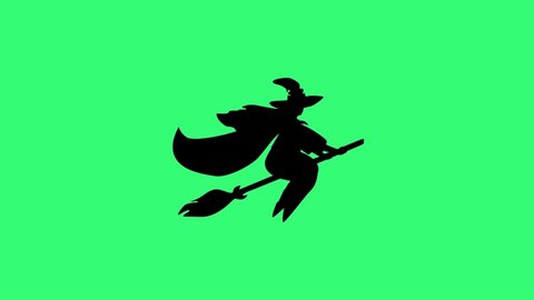 Animated silhouette of witch flying on the broomstick isolated on a green background. Seamless loop.