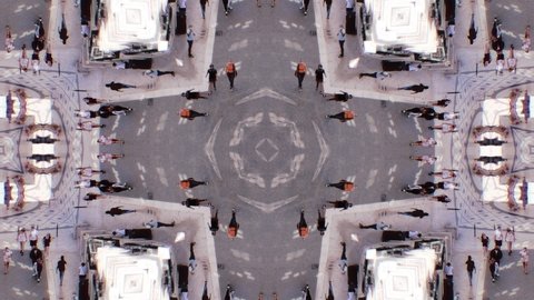 Kaleidoscopic People Walking In City Center, Aerial View. Abstract scene of many people walking in a pedestrian crosswalk forming a human kaleidoscope background.