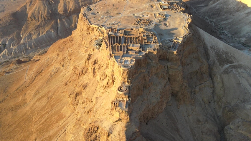 Aerial view of the ruins of Massada is a fortress built by Herod the Great on a cliff-top off the coast of the Dead Sea. Destroyed by the Romans in the 1st century AD e. Included in the UNESCO World Heritage site