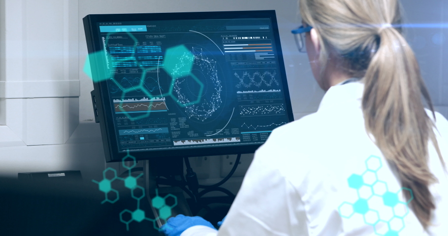 Animation of data, elements and digital interface moving over female scientist in lab coat working at a computer in a laboratory. Global digital network medical science concept digital composite.