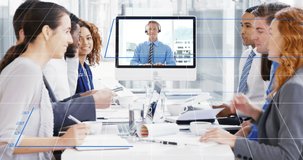 Animation of graphs, data and digital interface over business team in video conference meeting. Global digital network concept digital composite.