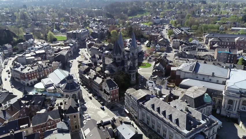 Aerial footage of Saint Remacle church in Spa is a Belgian town located in Province of Liege and situated in a valley in the Ardennes mountains southwest of Aachen it is a popular tourist destination