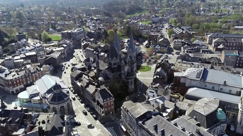 Aerial footage of Saint Remacle church in Spa is a Belgian town located in Province of Liege and situated in a valley in the Ardennes mountains southwest of Aachen it is a popular tourist destination
