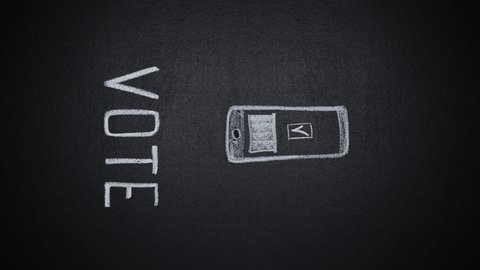 Vertical animation of word vote and hand drawn smartphone on chalkboard with ballot being put into box appearing on gadget screen. Stop motion of remote and absentee voting at presidential elections