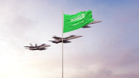Saudi Arabia  Flag With Air Force. Conceptual  3D animation