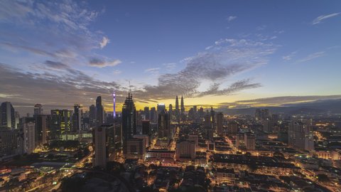 Time lapse: Kuala Lumpur city view during dawn overlooking the city skyline in Federal Territory, Malaysia. Prores 4KUHD