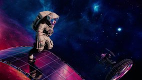 Trippy futuristic sci-fi 3D animation of the astronauts running endlessly on a Mobius strip. Deep space seamless loop with infinity concept for intro, VJ, EDM music video. Stylized 4k video background