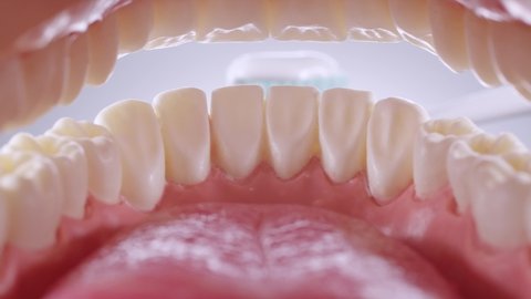 Inside view of brushing teeth with white toothpaste and white brush. Cleaning mouth morning healthcare routine. Lot of foam. 4k 50 fps