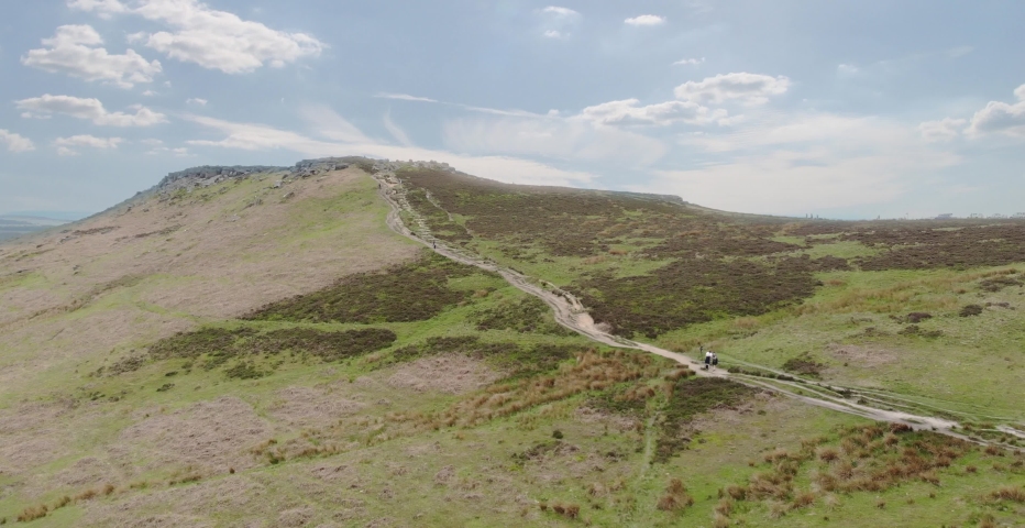 Strolling up Carl Wark & Higger Tor, peak district, blue sky, aerial