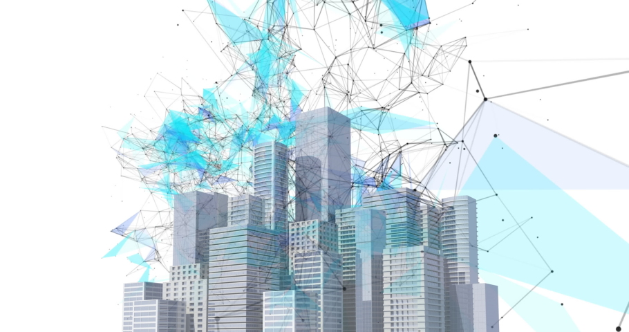 Animation of floating digital network of connections over model of modern buildings on white background. Global digital network technology finance concept digitally generated image. | Shutterstock HD Video #1059436037