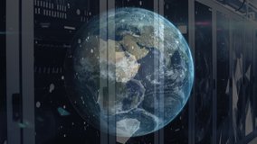 Animation of network of connections and spinning globe over server room. Global digital network technology security concept digitally generated image. - Powered by Shutterstock - Get 15% off with code: PIKWIZARD15