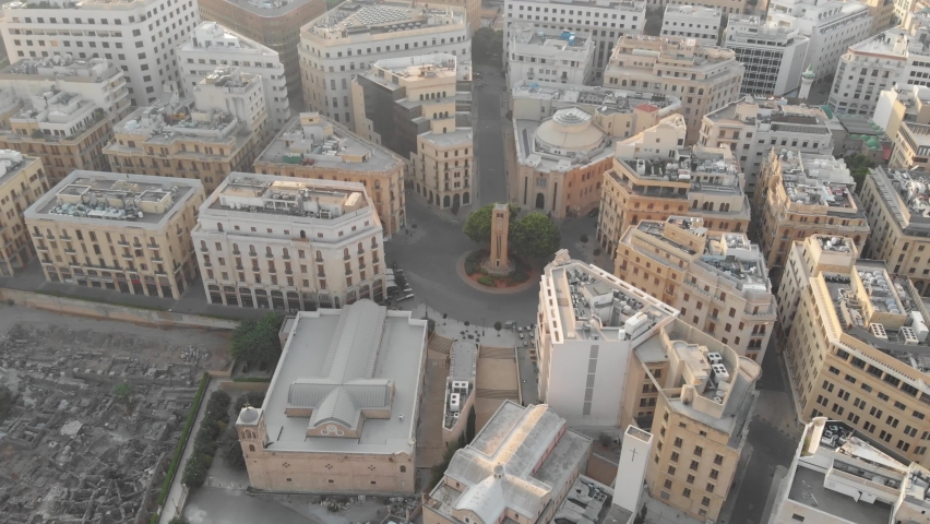 Aerial Drone shots of Beirut Downtown - Solidere showing the main Nejmeh Square and Al Amin Mosque with the surrounding area. Royalty-Free Stock Footage #1059442166