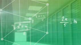Animation of mathematical equations and spinning cube appearing over computer servers in tech room on green background. Global data processing information flow concept digitally generated image. - Powered by Shutterstock - Get 15% off with code: PIKWIZARD15
