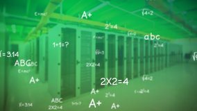 Animation of mathematical equations appearing over computer servers in tech room on green background. Global data processing information flow concept digitally generated image. - Powered by Shutterstock - Get 15% off with code: PIKWIZARD15