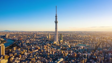 2019/11/20 Tokyo - Japan. Aerial view Hyper lapse 4k footage of Tokyo sky tree and Building Tokyo city on sunrise at Tokyo, Japan.