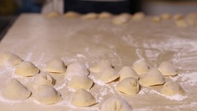 Chef cook prepares traditional Italian meat ravioli with white flour & beef patty in restaurant kitchen.Russian pelmeni dish cooking process filmed in close up