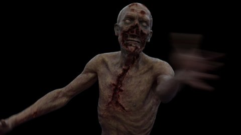 Realistic Zombie approaching the camera and attacking. Production quality footage with alpha channel, 30 FPS.