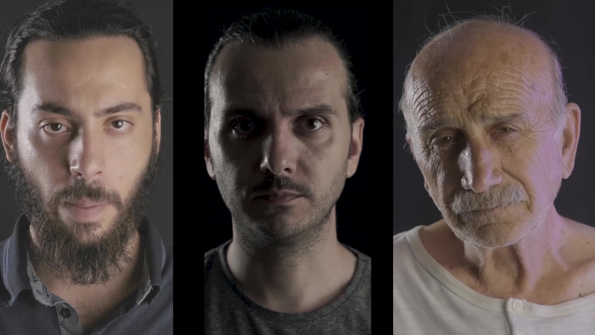 Collage of 3 angry man. Young, middle aged and old man are upset, stress. Negative, aggressive males.