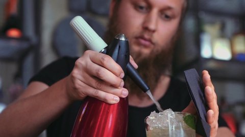 Hipster Barman Preparing A Mojito With Soda In A Cocktail Bar.