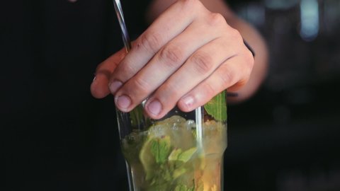 Barman Preparing A Mojito With Mint In A Cocktail Bar.