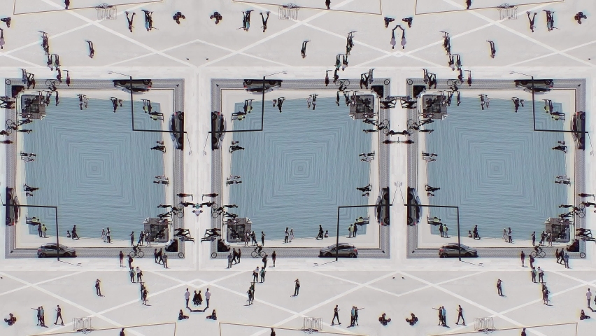 Mirrored Kaleidoscopic City Life. Abstract scene of a city with people in a kaleidoscopic effect. Zoom in Royalty-Free Stock Footage #1059460496