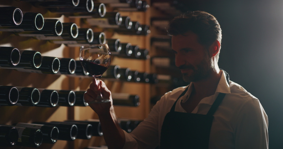 Authentic shot of happy successful male winemaker is tasting a flavor and checking red wine quality poured in transparent glass  in a wine cellar. Royalty-Free Stock Footage #1059465497