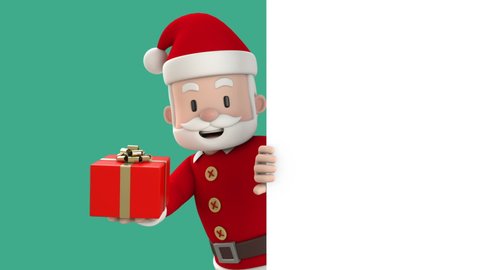happy Santa Claus holding red gift box  from behind the white signboard with copy space on green background. Christmas and New Year concept. 3d animation.