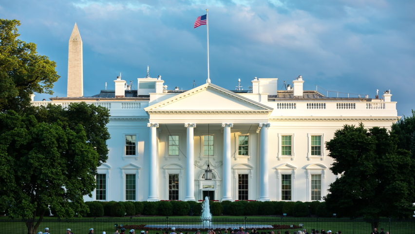  Washington, DC, USA- May 20, 2019: The White House in Washington DC in Afternoon Sunset Timelapse