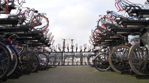 4K Bicycle Stand and Parking at the Amsterdam Central Railway Station, Ecological City and Zero Emission Transport
