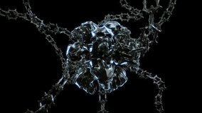 Demonic Shere With Chains VJ Loop - is a motion graphics clip featuring metal demons heads with spiky chains around rotating and zooming to viewer. This video is perfect for VJ thematic sets, metal an