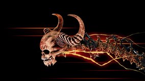 Flying Hell Creature VJ Loop - is a motion graphics clip featuring horned demon with bones which have a snake like movements. The creature features are a mix of demon and skeleton features. This video